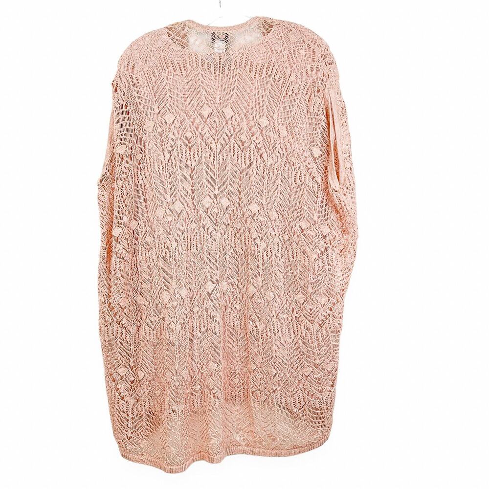 Chicos Travelers Lacey Stitch Cardigan Sweater Size S M Pink Metallic Shimmer